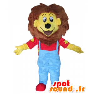 Mascot pequeno leão amarelo e castanho no vestido azul e vermelho - MASFR22923 - Mascotes leão