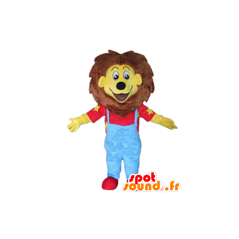 Mascot pequeno leão amarelo e castanho no vestido azul e vermelho - MASFR22923 - Mascotes leão