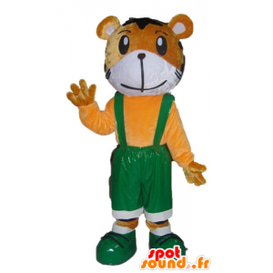 Orange og hvid tigermaskot i grøn overall - Spotsound maskot