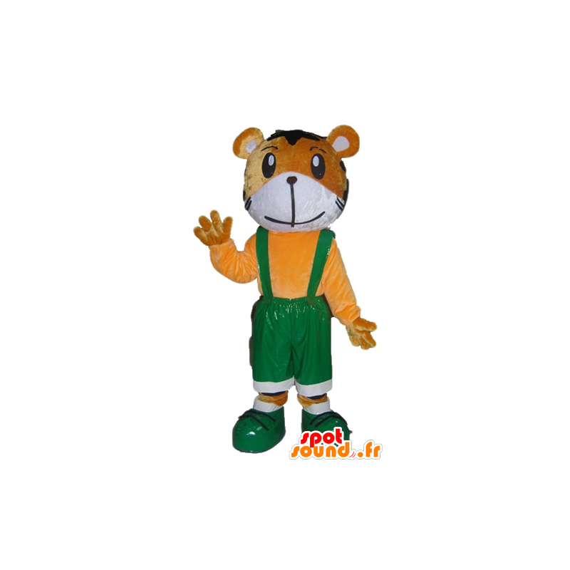 Orange and white tiger mascot in green overalls - MASFR22928 - Tiger mascots