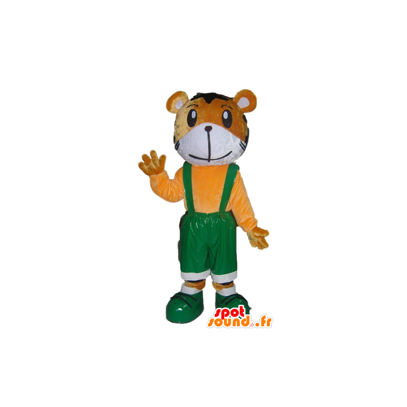 Orange och vit tigermaskot, i grön overall - Spotsound maskot