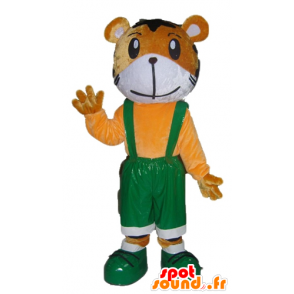 Orange and white tiger mascot in green overalls - MASFR22928 - Tiger mascots