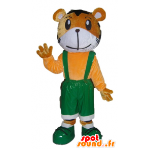 Orange og hvid tigermaskot i grøn overall - Spotsound maskot