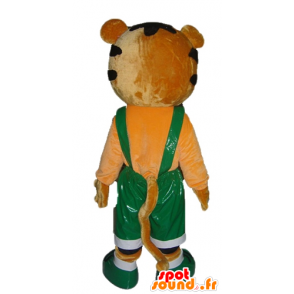 Orange and white tiger mascot in green overalls - MASFR22928 - Tiger mascots