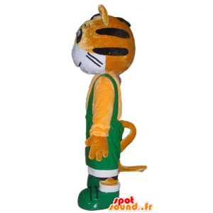 Orange and white tiger mascot in green overalls - MASFR22928 - Tiger mascots