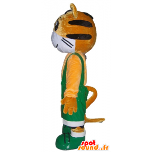 Orange und weiße Tiger-Maskottchen in grünen Overalls - MASFR22928 - Tiger Maskottchen