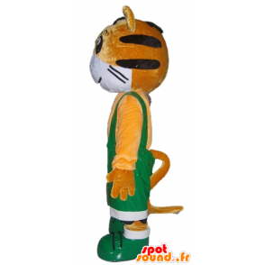 Mascotte de tigre orange et blanc, en salopette verte - MASFR22928 - Mascottes Tigre