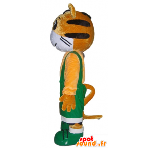 Orange and white tiger mascot in green overalls - MASFR22928 - Tiger mascots