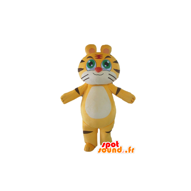 Mascotte de tigre, de chat jaune, blanc et noir, personnalisable - MASFR22929 - Mascottes Tigre