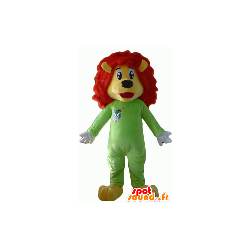 Mascotte de lion jaune et rouge, avec une combinaison verte - MASFR22935 - Mascottes Lion