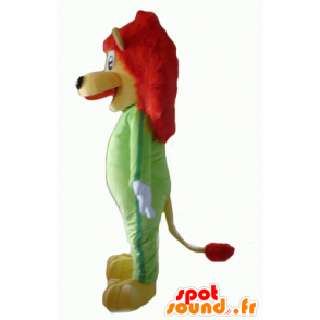 Mascotte de lion jaune et rouge, avec une combinaison verte - MASFR22935 - Mascottes Lion