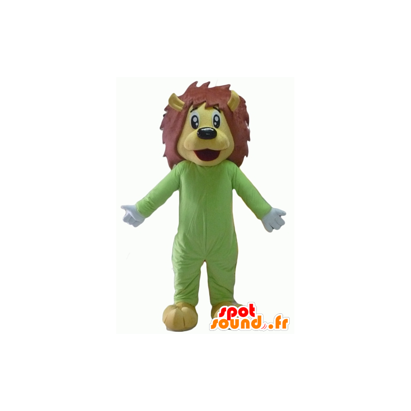 Mascotte de lion jaune et marron, en combinaison verte - MASFR22939 - Mascottes Lion