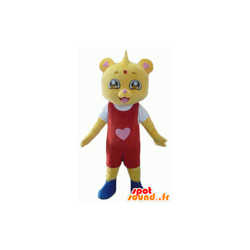 Gul teddy maskot, kledd rød og hvit - MASFR22940 - bjørn Mascot