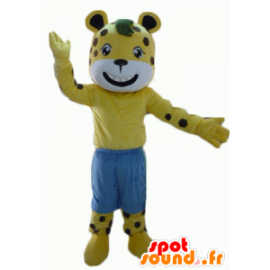 Maskot žluté a bílé tiger hnědé hrách s šortky - MASFR22941 - Tiger Maskoti