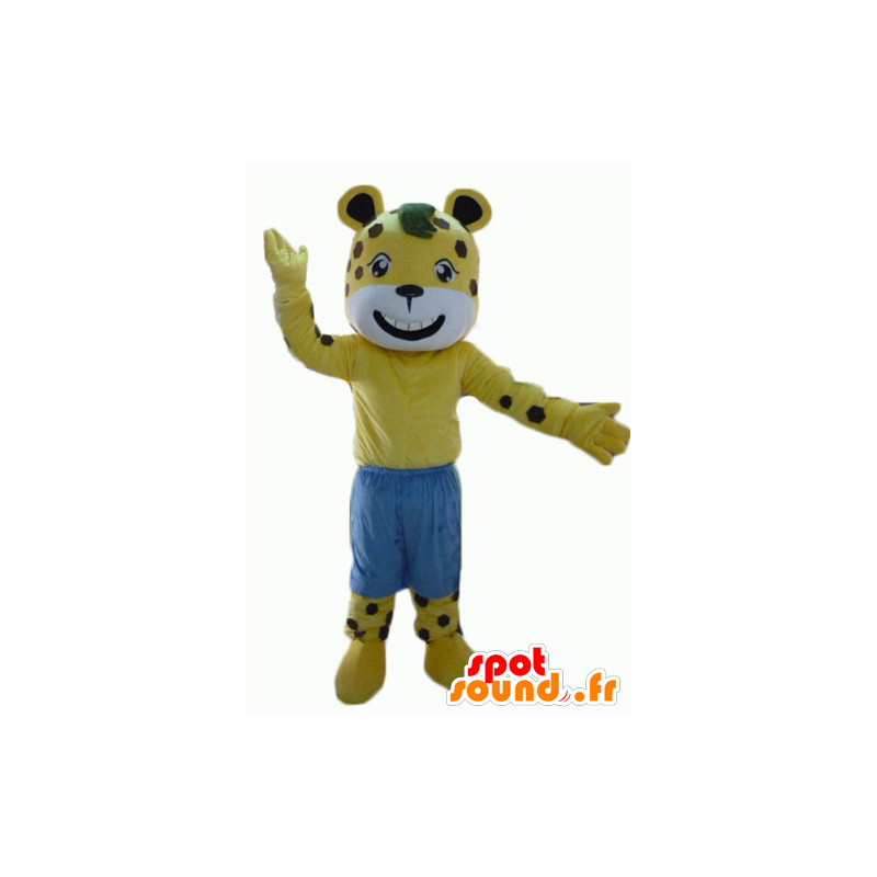 Mascotte de tigre jaune et blanc à pois marron, avec un short - MASFR22941 - Mascottes Tigre