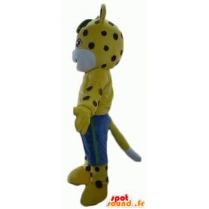 Mascotte de tigre jaune et blanc à pois marron, avec un short - MASFR22941 - Mascottes Tigre