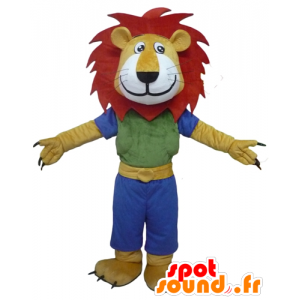 Amarillo mascota de león, blanco y rojo, con un traje colorido - MASFR22946 - Mascotas de León