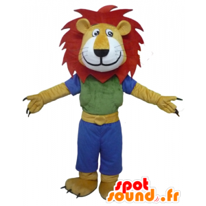 Mascotte de lion jaune, blanc et rouge, avec une tenue colorée - MASFR22946 - Mascottes Lion