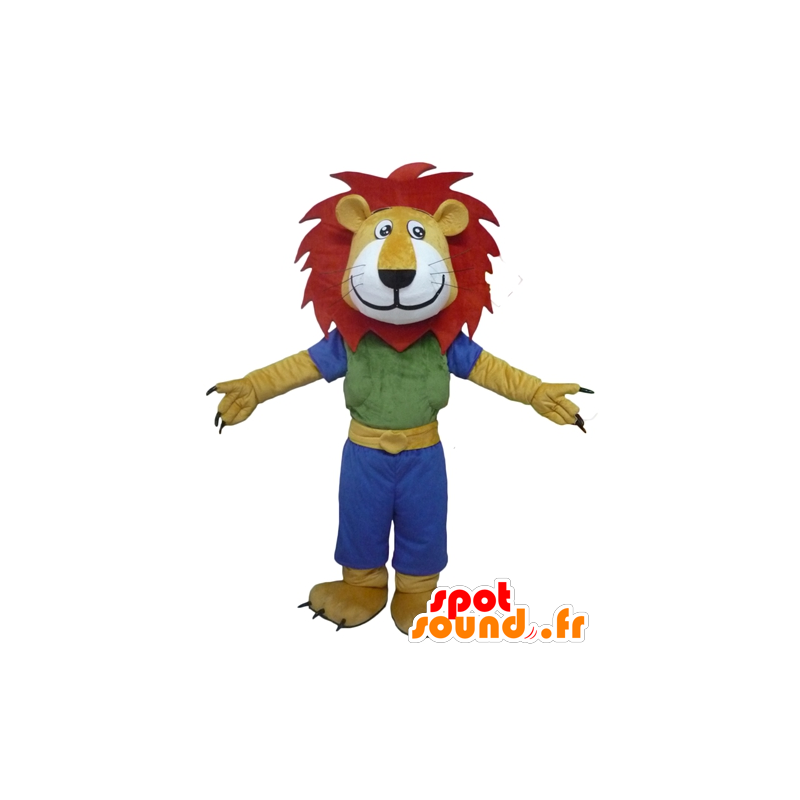 Gul løve maskot, hvid og rød, med et farverigt tøj - Spotsound