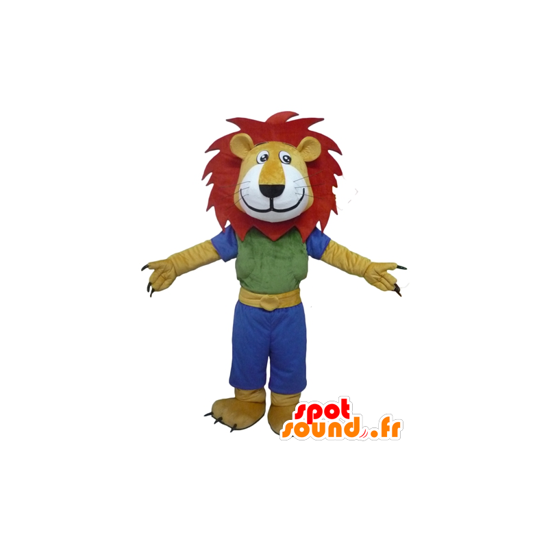 Mascotte de lion jaune, blanc et rouge, avec une tenue colorée - MASFR22946 - Mascottes Lion