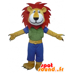 Geel leeuw mascotte, wit en rood, met een kleurrijke outfit - MASFR22946 - Lion Mascottes