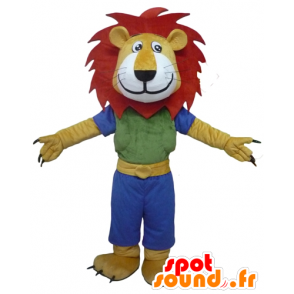 Mascote leão amarelo, branco e vermelho, com uma roupa colorida - MASFR22946 - Mascotes leão