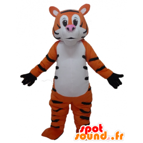 Orange tiger maskot, svart og hvitt og morsom giganten - MASFR22951 - Tiger Maskoter