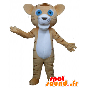 Brun og hvid tigermaskot, kat med blå øjne - Spotsound maskot
