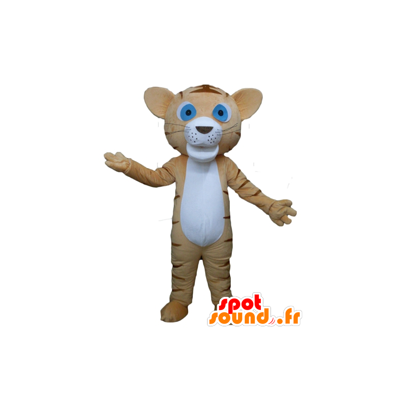 Mascotte de tigre marron et blanc, de chat aux yeux bleus - MASFR22956 - Mascottes Tigre