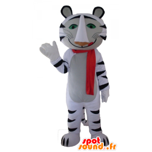 Maskot hvit og svart tiger, med et rødt skjerf - MASFR22959 - Tiger Maskoter