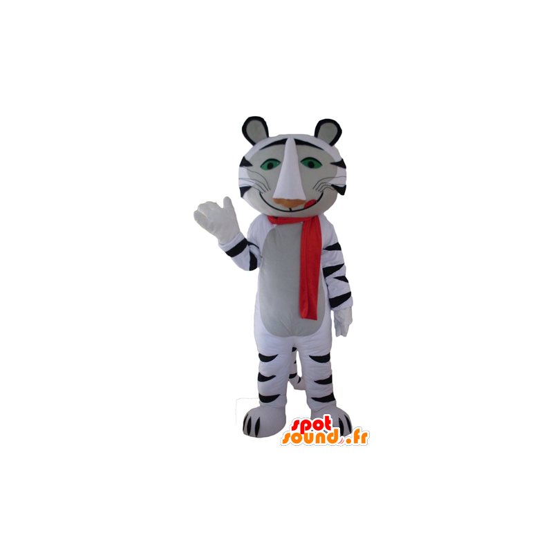 Maskotti valkoinen ja musta tiikeri, punainen huivi - MASFR22959 - Tiger Maskotteja