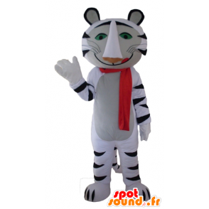 Mascotte della tigre in bianco e nero con una sciarpa rossa - MASFR22959 - Mascotte tigre