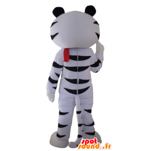 Mascotte della tigre in bianco e nero con una sciarpa rossa - MASFR22959 - Mascotte tigre