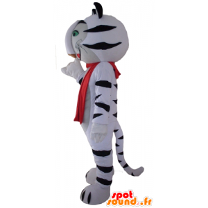 Mascotte della tigre in bianco e nero con una sciarpa rossa - MASFR22959 - Mascotte tigre