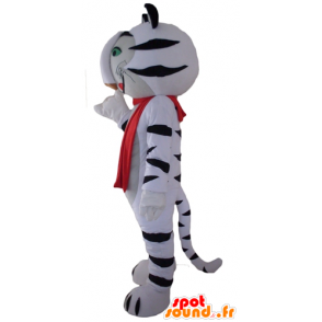 Mascot tigre branco e preto, com um lenço vermelho - MASFR22959 - Tiger Mascotes