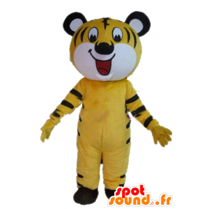 Keltainen tiikeri maskotti, valkoinen ja musta, erittäin hymyilevä - MASFR22963 - Tiger Maskotteja