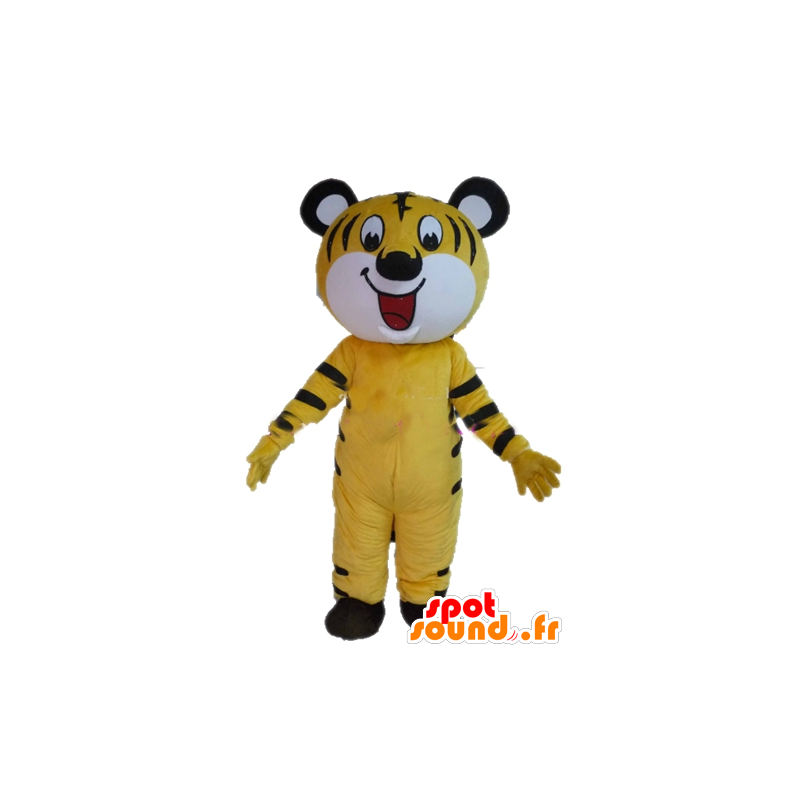 Gelbes Tiger-Maskottchen, weiß und schwarz, heiter - MASFR22963 - Tiger Maskottchen