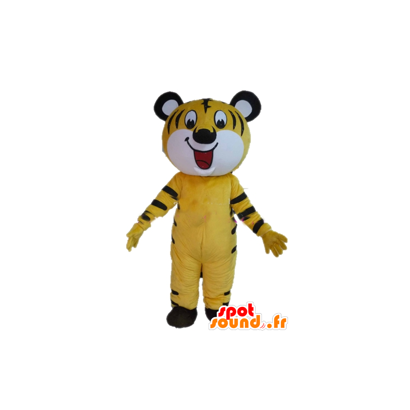 Yellow tiger mascot, white and black, cheerful - MASFR22963 - Tiger mascots