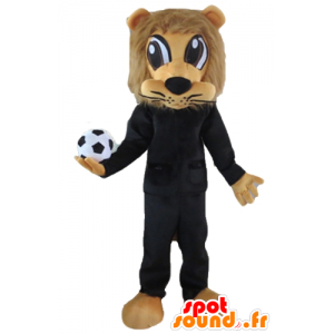Brown mascotte leone, vestita di nero dello sport con una palla - MASFR22966 - Mascotte sport