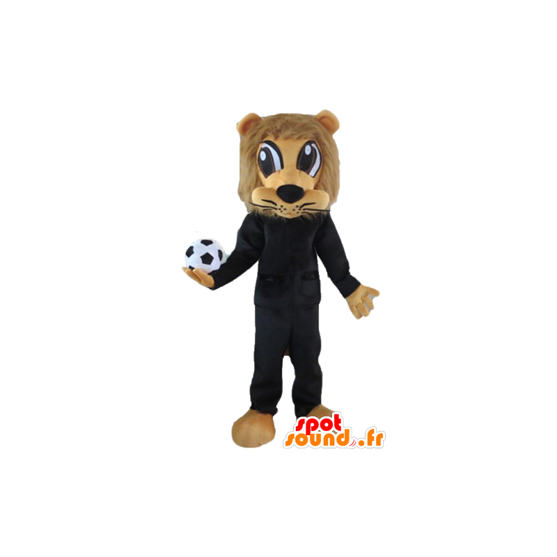 Leão mascote marrom, vestido de preto do esporte com uma bola - MASFR22966 - mascote esportes