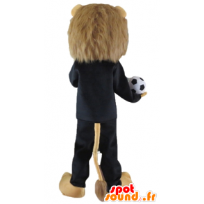 Brown lion mascot, dressed in black sport with a ball - MASFR22966 - Sports mascot