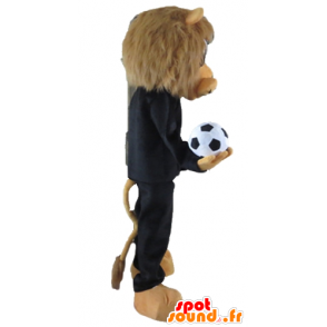 Mascota del león de Brown, vestido de deporte negro con una pelota - MASFR22966 - Mascota de deportes