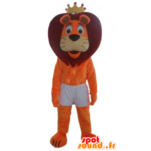 Mascotte de lion orange et rouge en short, avec une couronne - MASFR22969 - Mascottes Lion