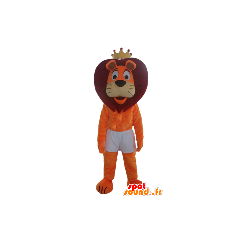 Orange and red lion mascot in shorts, with a crown - MASFR22969 - Lion mascots