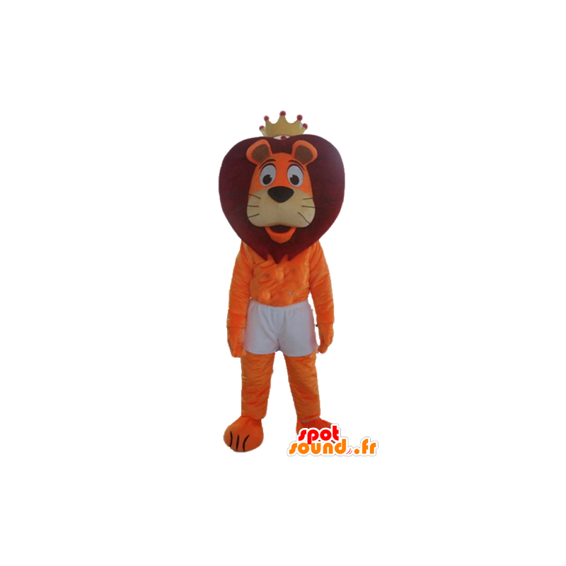 Orange och röd lejonmaskot i shorts, med en krona - Spotsound