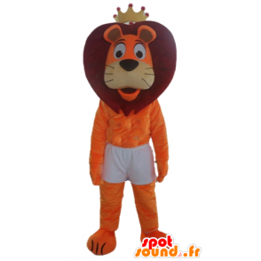 Arancione e rosso mascotte leone in pantaloncini, con una corona - MASFR22969 - Mascotte Leone