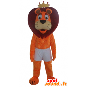 Naranja y rojo de la mascota del león en pantalones cortos, con una corona - MASFR22969 - Mascotas de León