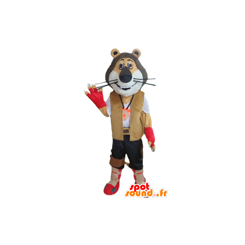 Mascot tricolor løve kledd explorer, biker - MASFR22970 - Lion Maskoter