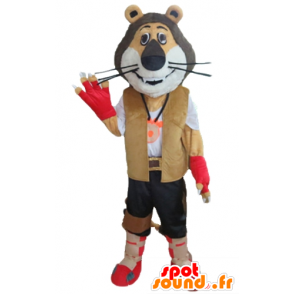 Mascotte de lion tricolore, en tenue d'explorateur, de motard - MASFR22970 - Mascottes Lion