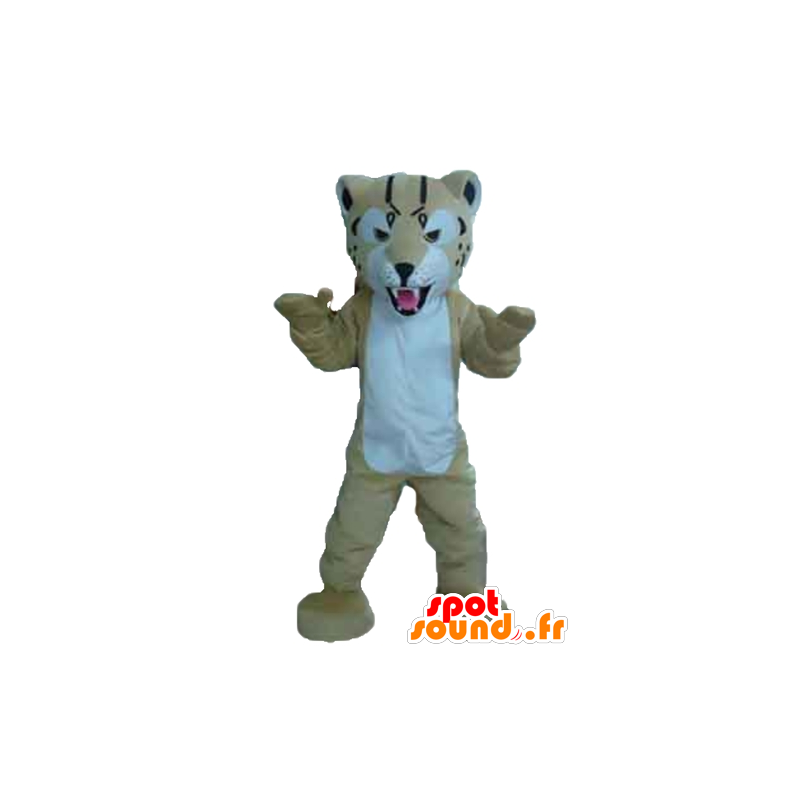 Beige e bianco tigre mascotte, feroce dall'aspetto - MASFR22973 - Mascotte tigre